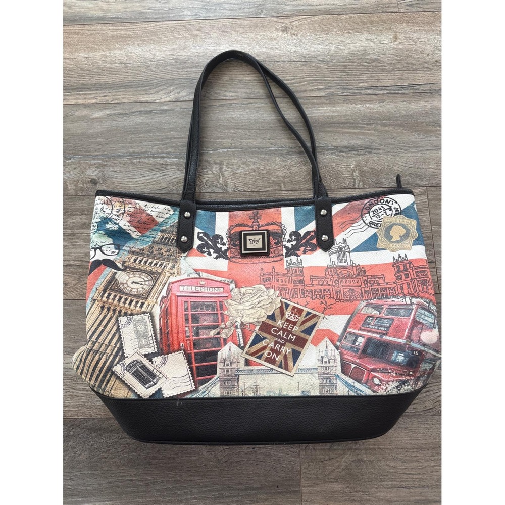 Sharif 1827 London Collage Print Tote Bag Black Faux Leather Travel Handbag